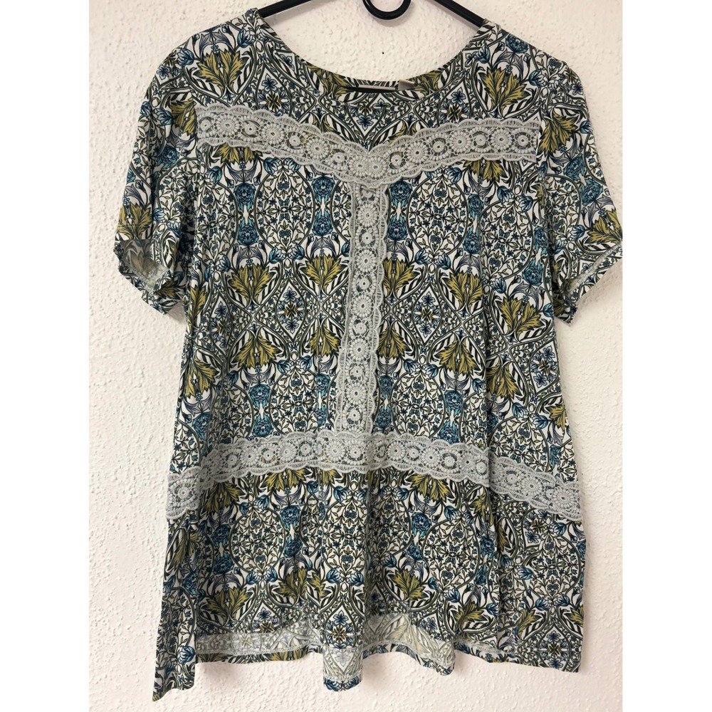 LOGO Lori Goldstein Floral Damask Lace Trim Top Blue Green 1X